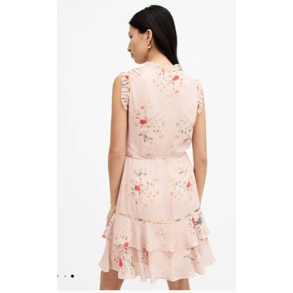 New AllSaints Ari Kora Floral Print Light Pink Mini Dress Size 12 - Picture 4 of 12